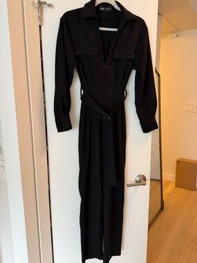 Zara Black Long-Sleeve Belted Jumpsuit